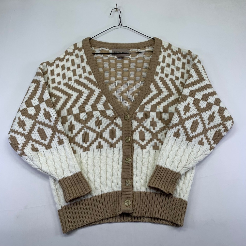 Vintage Sheridan Square‎ Womens Cardigan Sweater Medium Fair Isle Knit Acrylic